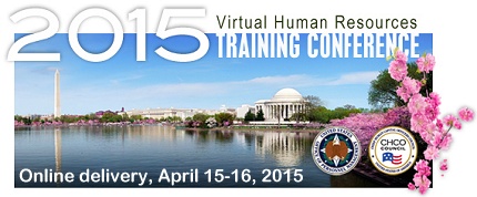 Graphic: 2015 Virtual Human Resources Training Conference Promo. Image of the Jefferson Memorial and the Monument in the background with Cherry Blossoms.