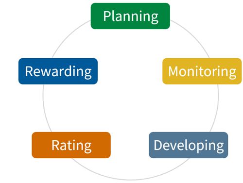 A continuous circle representing the five steps of the Performance Management Cycle: Planning, Monitoring, Developing, Rating, Rewarding